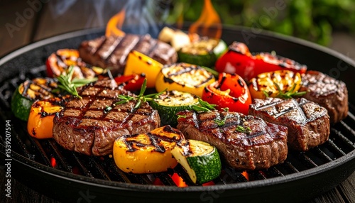 Cheesy beef steak and grilled vegetables on hot plate