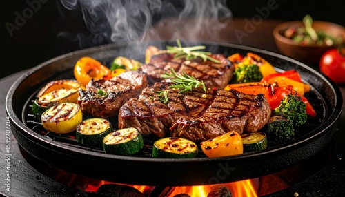 Cheesy beef steak and grilled vegetables on hot plate