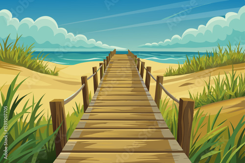 Wooden boardwalk path leads through grassy dunes to the summer beach
