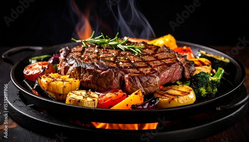 Cheesy beef steak and grilled vegetables on hot plate