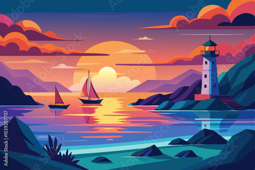 Orange evening sun dips below the horizon, painting the sky and ocean with tropical light