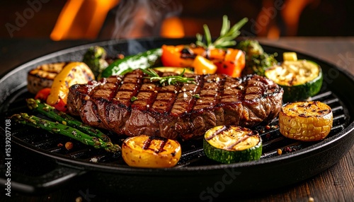 Cheesy beef steak and grilled vegetables on hot plate