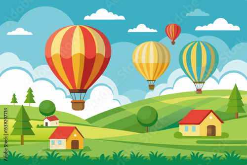 Colorful hot air balloons dot the sky, flying gracefully over a summer landscape with houses and green grass