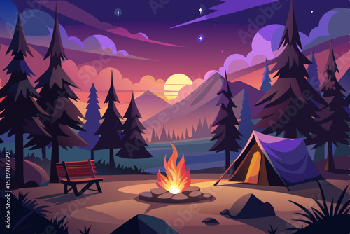 Wallpaper Mural Starry night winter camping landscape with a cozy tent and snow-covered trees Torontodigital.ca