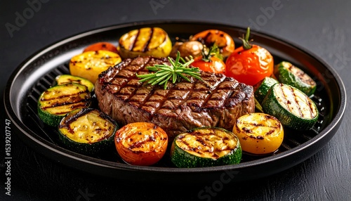 Cheesy beef steak and grilled vegetables on hot plate
