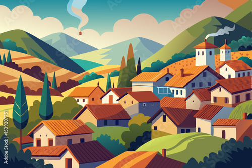 European mountain village with medieval architecture and old houses nestled in a green landscape under a summer sky, offering a picturesque view
