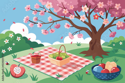 Apple and cherry trees blossom in a vibrant spring illustration, featuring natural leaves and heart-shaped fruit designs