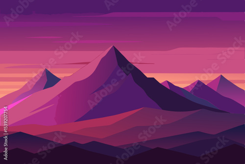 Vector illustration of an Egyptian desert landscape at sunset, featuring pyramids, mountains, and sand dunes under a vibrant sky