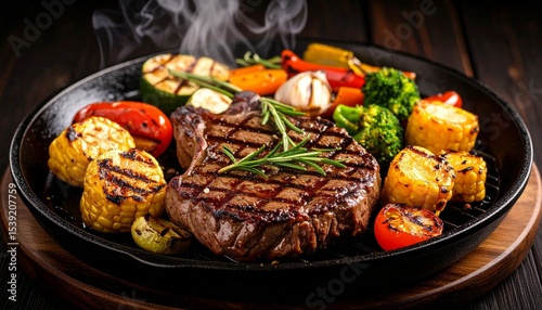 Cheesy beef steak and grilled vegetables on hot plate
