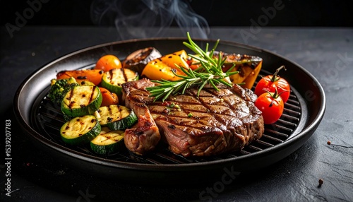 Cheesy beef steak and grilled vegetables on hot plate
