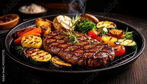Cheesy beef steak and grilled vegetables on hot plate
