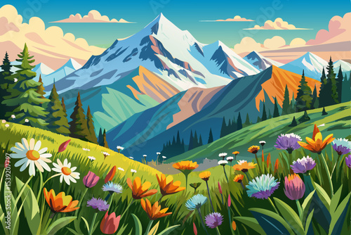 Alpine summer mountain meadow panorama with colorful flowers, green grass, and a view of the Alps under a blue sky with clouds