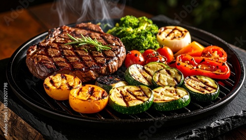 Cheesy beef steak and grilled vegetables on hot plate
