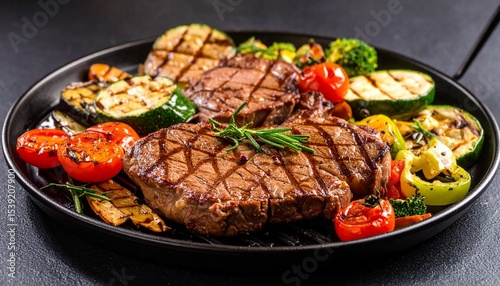 Cheesy beef steak and grilled vegetables on hot plate
