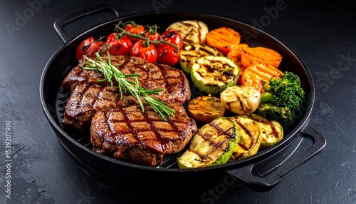 Cheesy beef steak and grilled vegetables on hot plate
