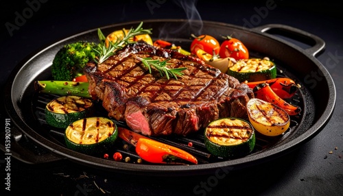 Cheesy beef steak and grilled vegetables on hot plate
