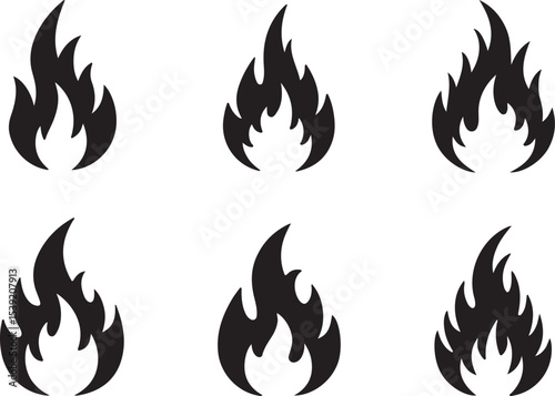 Fiery Flames A Collection of Dynamic Fire Illustrations Showcasing a Variety of Shapes and Sizes on a Clean White Background