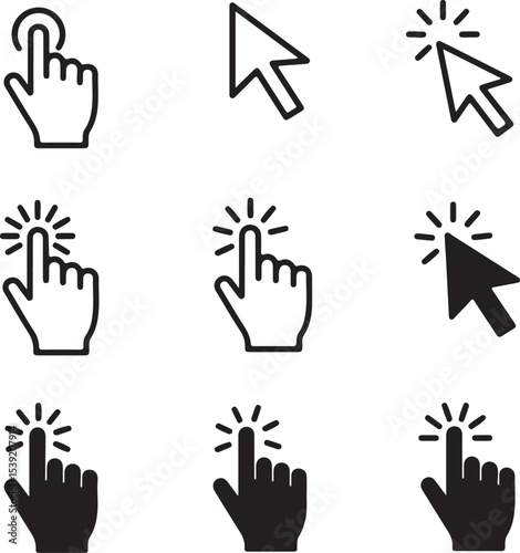 Variety of Click and Tap Icons Featuring Hands and Arrows for User Interface Design Projects