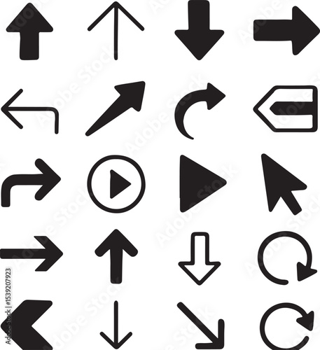 Collection of Directional Arrows for Navigation and Interface Design Demonstrating Various Styles and Orientations for User Guidance and Visual Communication