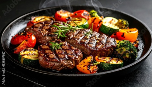 Cheesy beef steak and grilled vegetables on hot plate
