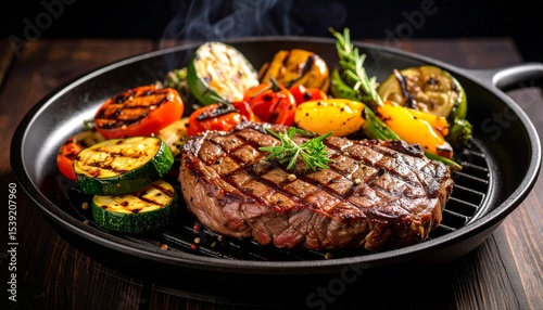 Cheesy beef steak and grilled vegetables on hot plate

