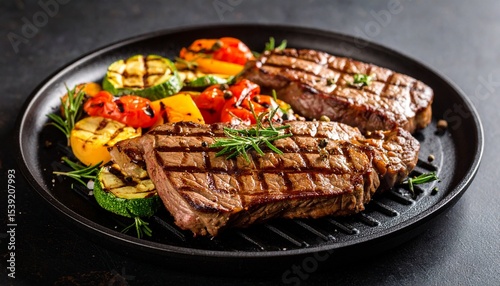 Cheesy beef steak and grilled vegetables on hot plate
