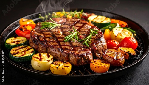 Cheesy beef steak and grilled vegetables on hot plate
