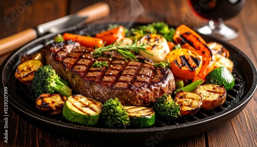 Cheesy beef steak and grilled vegetables on hot plate
