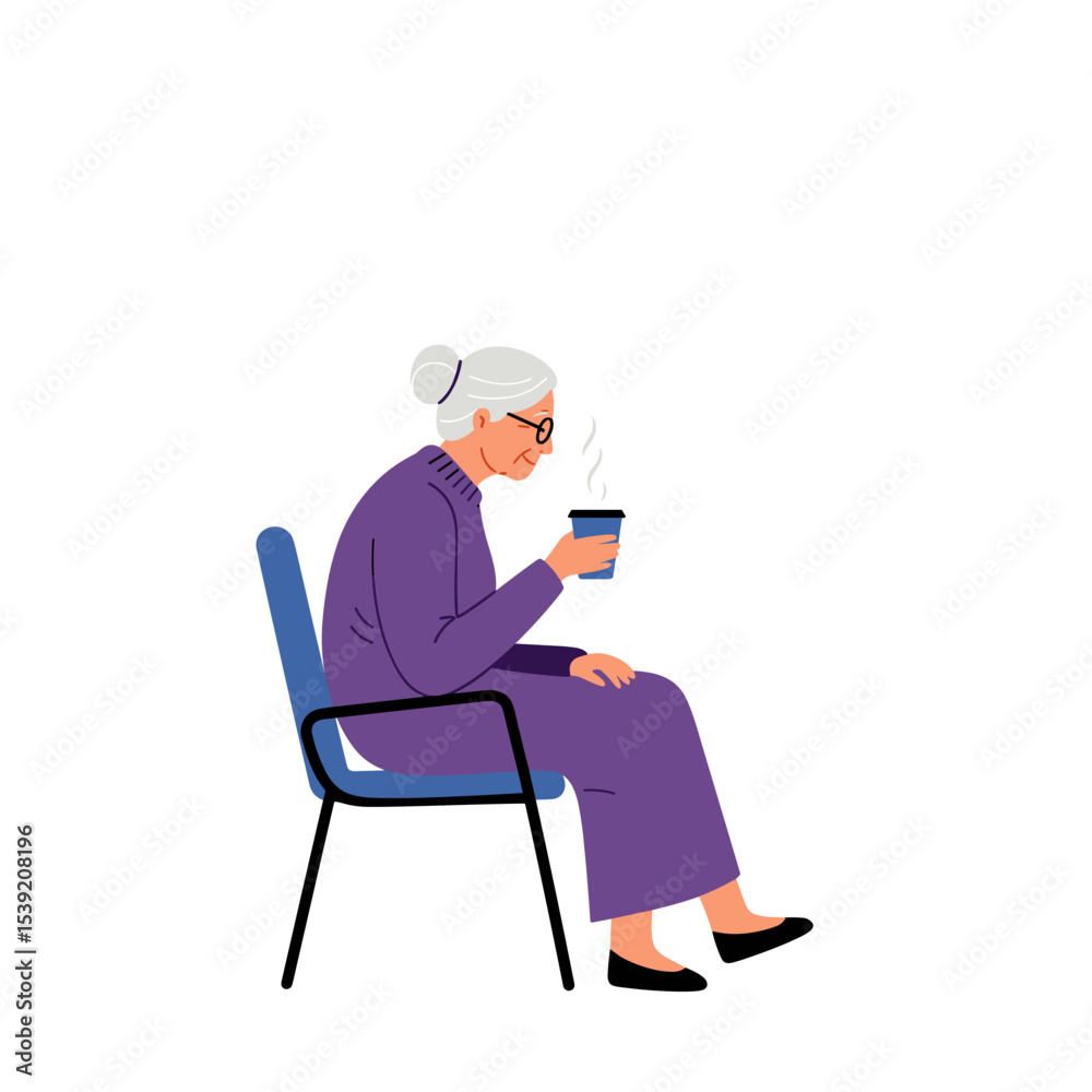 Fototapeta premium Elderly woman drinking coffee alone while sitting in chair 