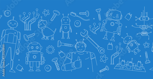 Seamless Doodle Pattern with Robots, Tools, and Microchips STEM and Engineering Theme