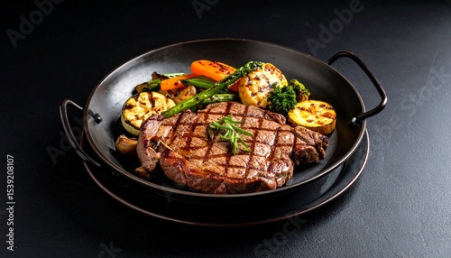 Cheesy beef steak and grilled vegetables on hot plate
