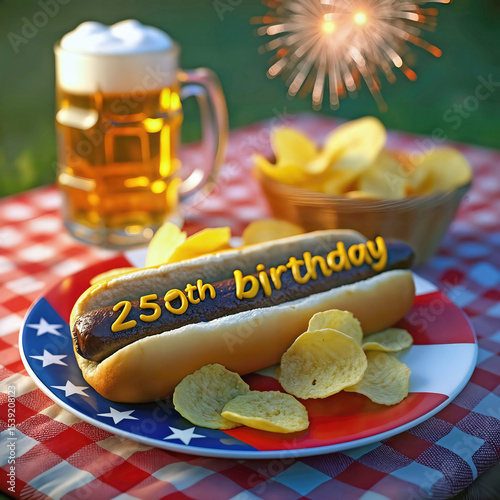 A festive picnic scene features a hot dog with 