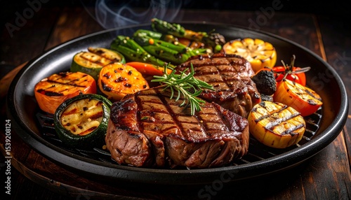 Cheesy beef steak and grilled vegetables on hot plate
