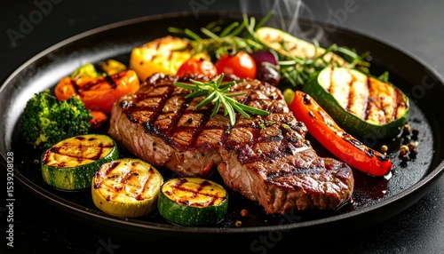 Cheesy beef steak and grilled vegetables on hot plate
