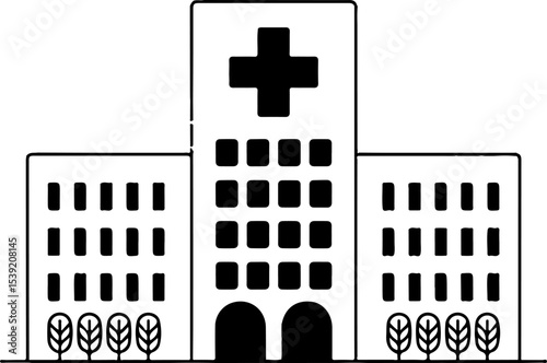 Black and White Simple Hospital Building Illustration with Cross Symbol and Small Trees Medical Healthcare Facility