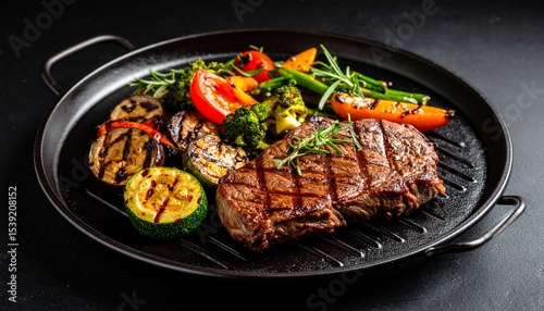 Cheesy beef steak and grilled vegetables on hot plate
