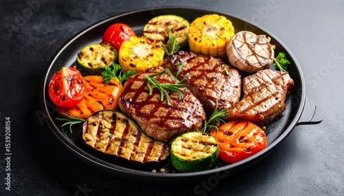 Cheesy beef steak and grilled vegetables on hot plate
