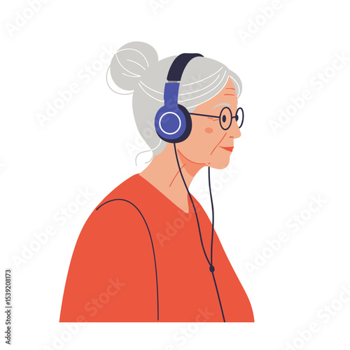 Senior woman using headphones and smiling in casual attire  