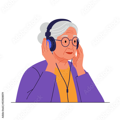Senior woman using headphones and smiling while listening to music  