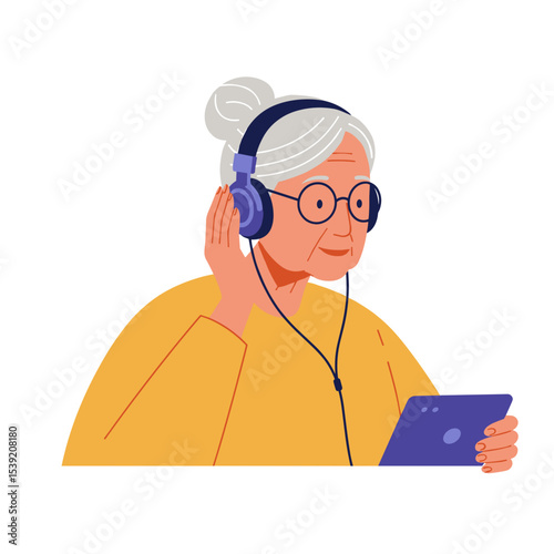 Senior woman using headphones and enjoying music while smiling  