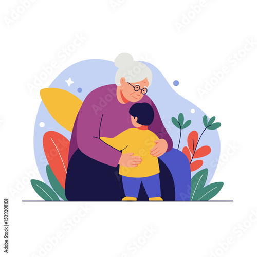 Elderly woman comforting child with care in colorful nature background  