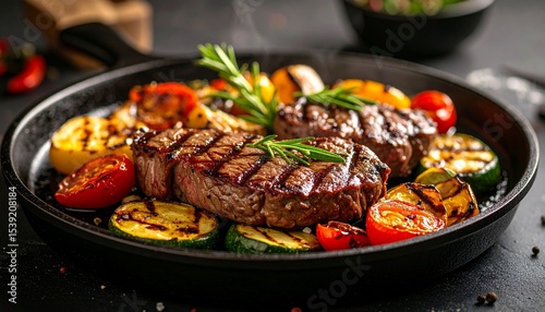 Cheesy beef steak and grilled vegetables on hot plate
