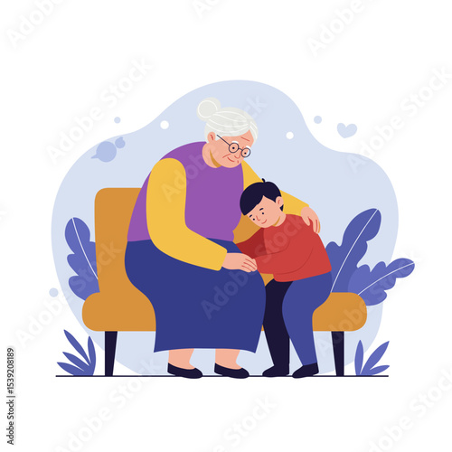 Elderly woman comforting child on a bench with plants in background  