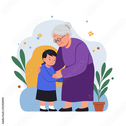 Elderly woman comforting child in colorful room with plants  