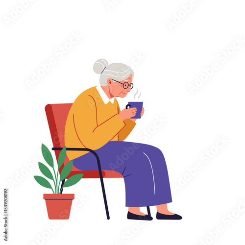 Elderly woman drinking coffee alone while sitting on a chair indoors  