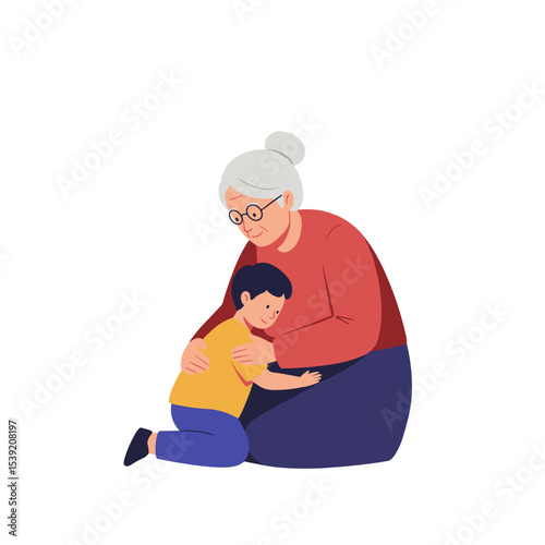 Elderly woman comforting child with a hug and warm expression  