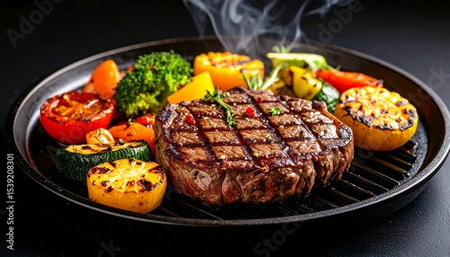 Cheesy beef steak and grilled vegetables on hot plate
