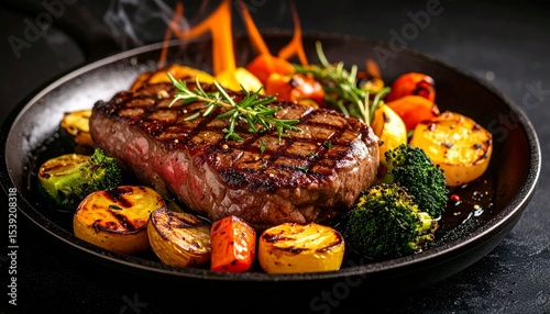 Cheesy beef steak and grilled vegetables on hot plate
