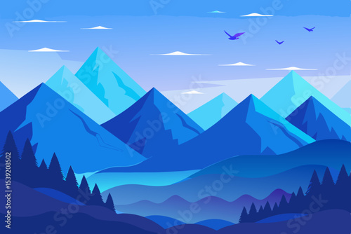 Mountain landscape vector illustration with snowy peaks, blue sky, and a cold morning fog