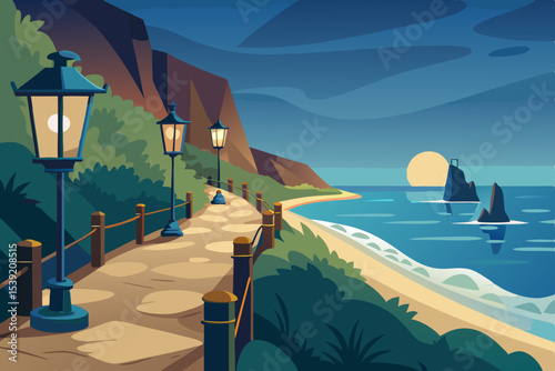 Coastal Spanish resort view: city, beach, and ocean under a summer sky